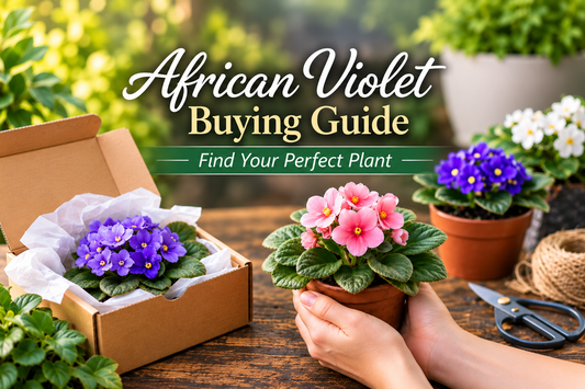 African Violet Buying Guide with blooming African Violets prepared for purchase