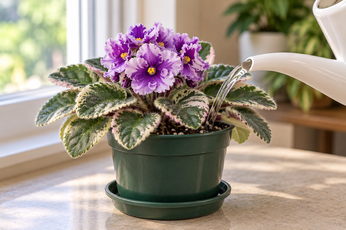 Variegated African Violet being watered at the soil line near a bright window